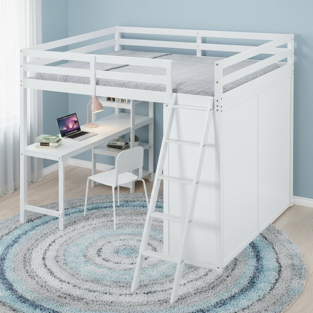HomeRoots White Platform Loft Bed with Integrated Desk & Shelves - Space-Saving Design for Modern Bedrooms 590541