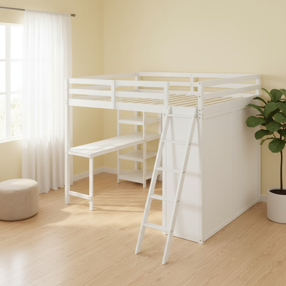 HomeRoots White Platform Loft Bed with Integrated Desk & Shelves - Space-Saving Design for Modern Bedrooms 590541