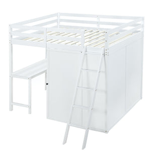 HomeRoots White Platform Loft Bed with Integrated Desk & Shelves - Space-Saving Design for Modern Bedrooms 590541