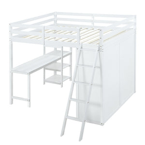 HomeRoots White Platform Loft Bed with Integrated Desk & Shelves - Space-Saving Design for Modern Bedrooms 590541