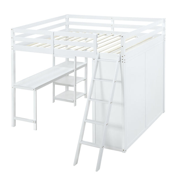 HomeRoots White Platform Loft Bed with Integrated Desk & Shelves - Space-Saving Design for Modern Bedrooms 590541