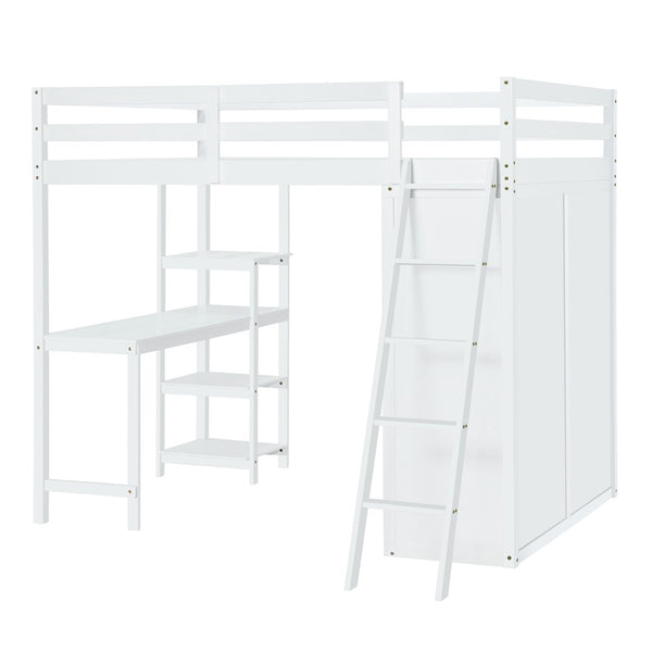 HomeRoots White Platform Loft Bed with Integrated Desk & Shelves - Space-Saving Design for Modern Bedrooms 590541