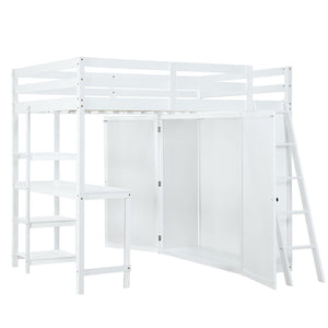 HomeRoots White Platform Loft Bed with Integrated Desk & Shelves - Space-Saving Design for Modern Bedrooms 590541