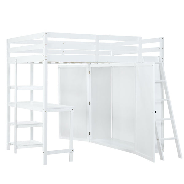 HomeRoots White Platform Loft Bed with Integrated Desk & Shelves - Space-Saving Design for Modern Bedrooms 590541