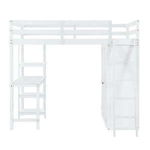 HomeRoots White Platform Loft Bed with Integrated Desk & Shelves - Space-Saving Design for Modern Bedrooms 590541