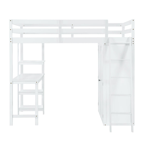 HomeRoots White Platform Loft Bed with Integrated Desk & Shelves - Space-Saving Design for Modern Bedrooms 590541