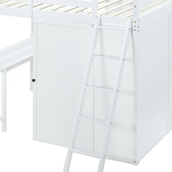 HomeRoots White Platform Loft Bed with Integrated Desk & Shelves - Space-Saving Design for Modern Bedrooms 590541