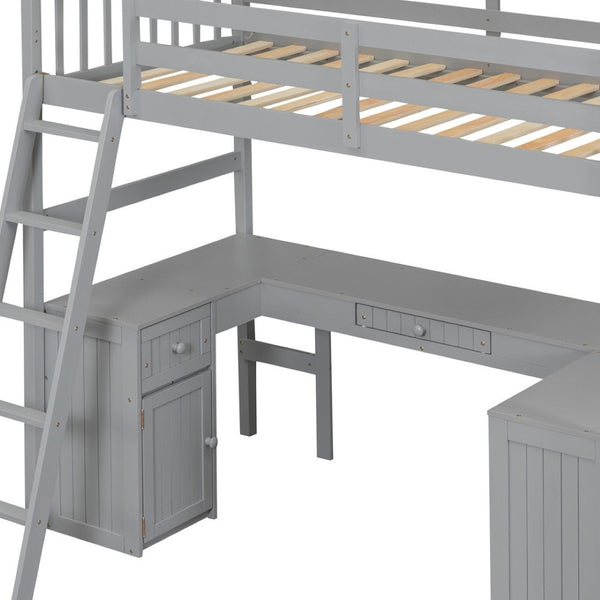 HomeRoots Gray Twin Loft Bed with Integrated Desk, Shelves & Modern Design - Space-Saving Solution for Any Room! 590542