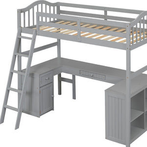 HomeRoots Gray Twin Loft Bed with Integrated Desk, Shelves & Modern Design - Space-Saving Solution for Any Room! 590542