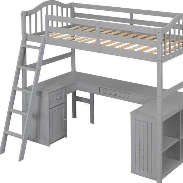 HomeRoots Gray Twin Loft Bed with Integrated Desk, Shelves & Modern Design - Space-Saving Solution for Any Room! 590542