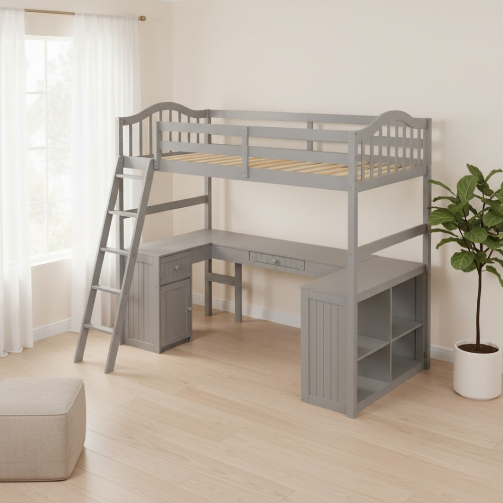 HomeRoots Gray Twin Loft Bed with Integrated Desk, Shelves & Modern Design - Space-Saving Solution for Any Room! 590542