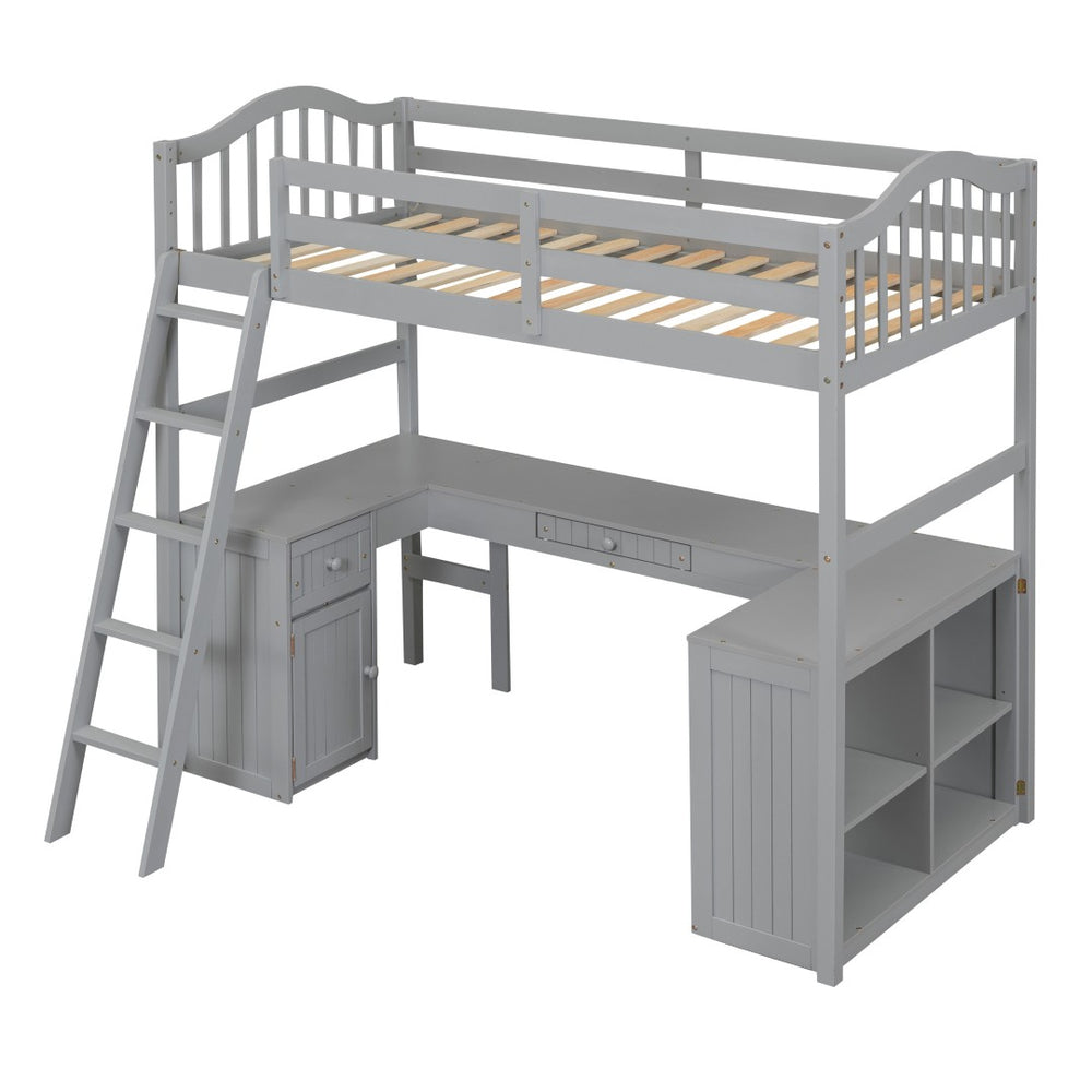 HomeRoots Gray Twin Loft Bed with Integrated Desk, Shelves & Modern Design - Space-Saving Solution for Any Room! 590542