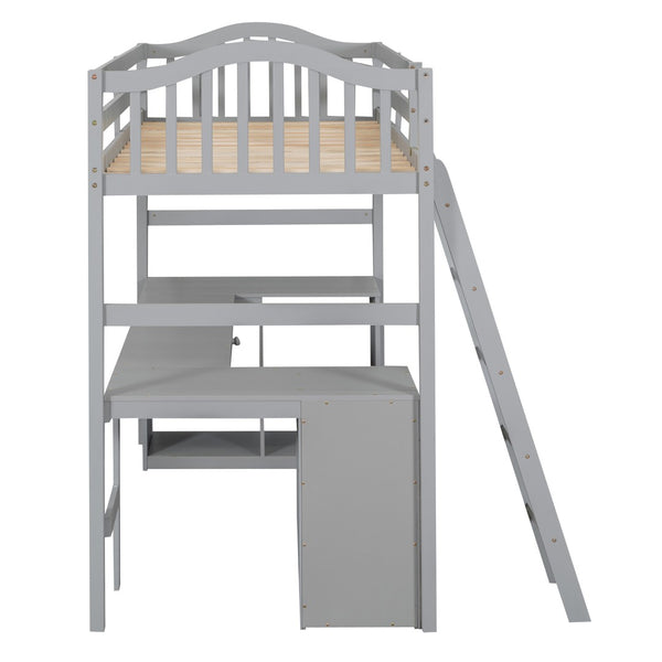 HomeRoots Gray Twin Loft Bed with Integrated Desk, Shelves & Modern Design - Space-Saving Solution for Any Room! 590542