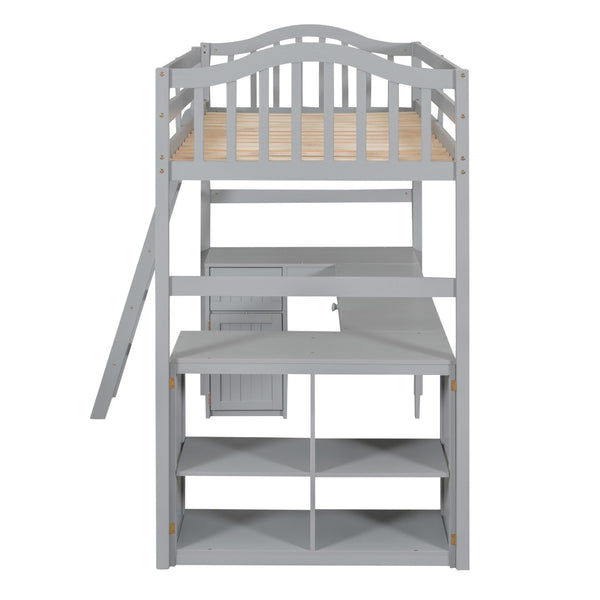 HomeRoots Gray Twin Loft Bed with Integrated Desk, Shelves & Modern Design - Space-Saving Solution for Any Room! 590542