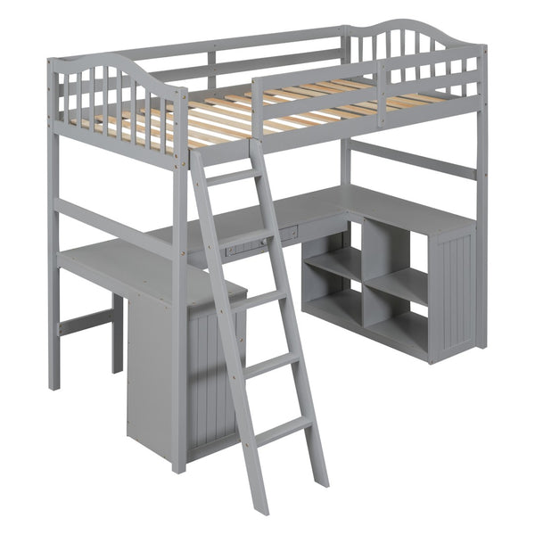 HomeRoots Gray Twin Loft Bed with Integrated Desk, Shelves & Modern Design - Space-Saving Solution for Any Room! 590542