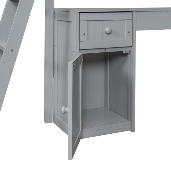 HomeRoots Gray Twin Loft Bed with Integrated Desk, Shelves & Modern Design - Space-Saving Solution for Any Room! 590542