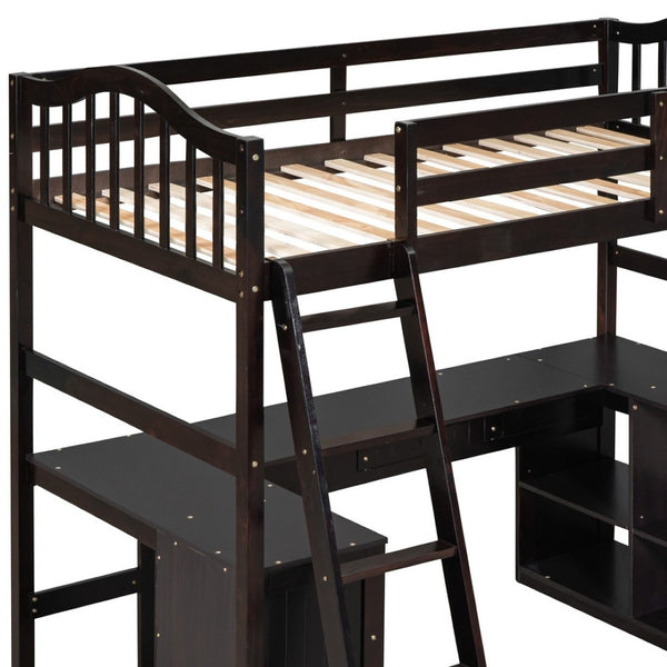HomeRoots Espresso Twin Loft Bed with Integrated Desk & Storage Drawers - Maximize Space & Style Effortlessly 590543