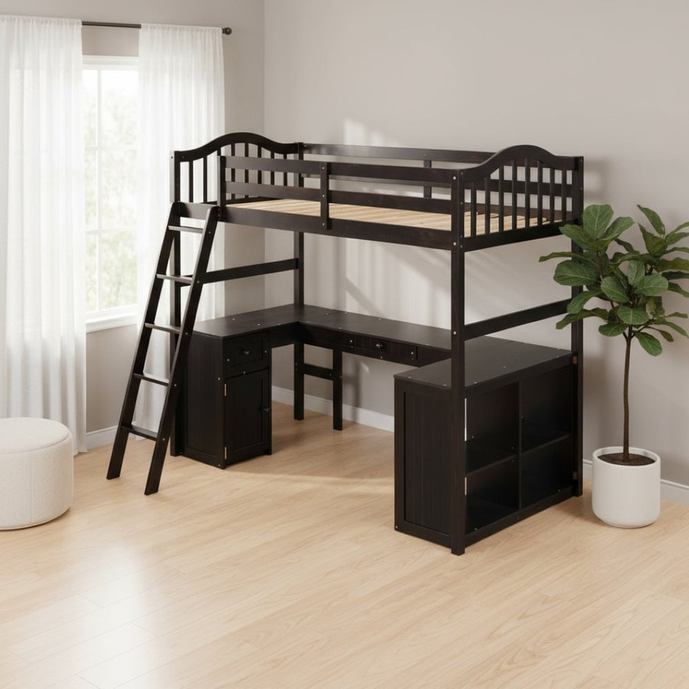 HomeRoots Espresso Twin Loft Bed with Integrated Desk & Storage Drawers - Maximize Space & Style Effortlessly 590543