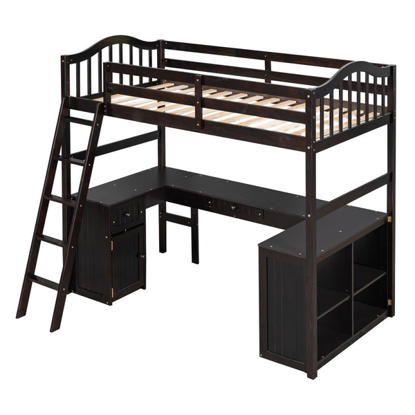 HomeRoots Espresso Twin Loft Bed with Integrated Desk & Storage Drawers - Maximize Space & Style Effortlessly 590543