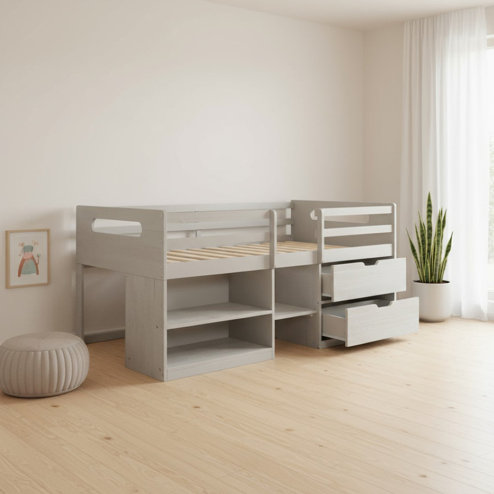 HomeRoots Gray Twin Loft Bed with Desk & Storage Drawers - Stylish Space-Saving Solution for Kids' Rooms 590544