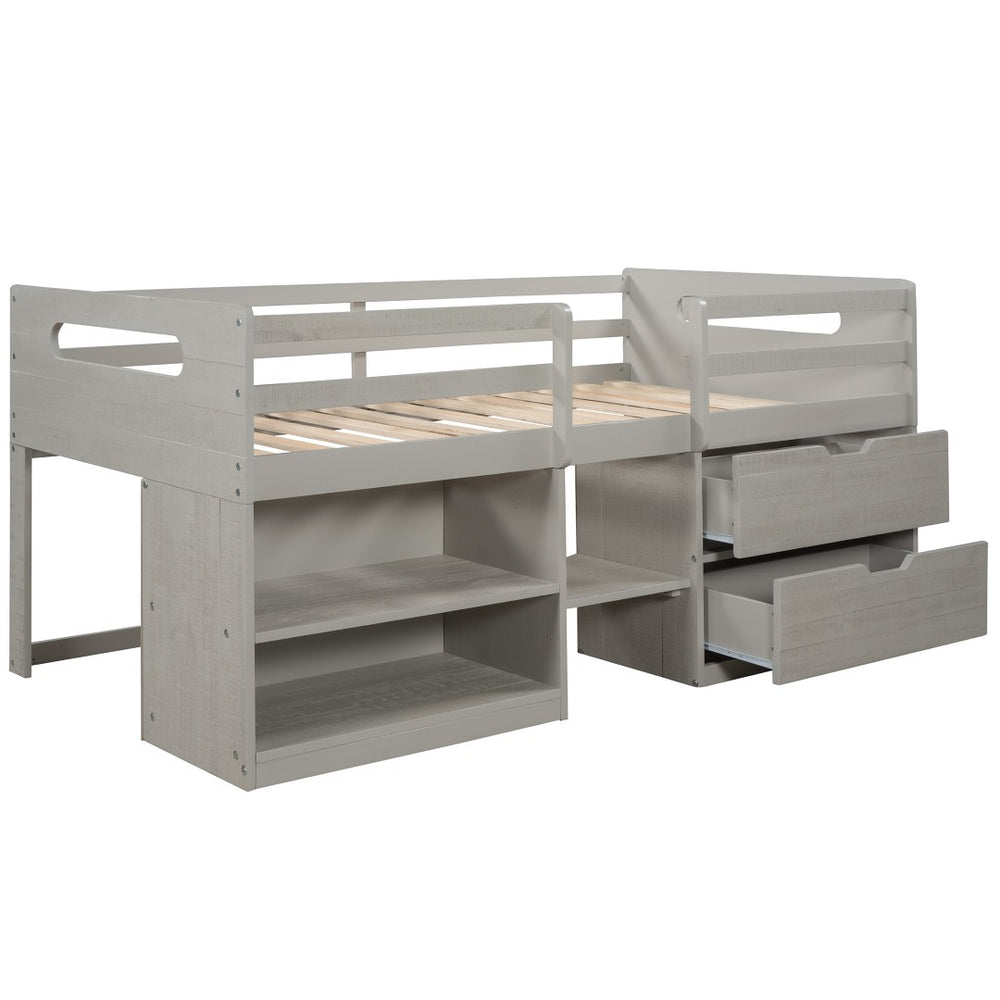 HomeRoots Gray Twin Loft Bed with Desk & Storage Drawers - Stylish Space-Saving Solution for Kids' Rooms 590544