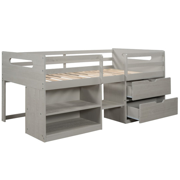 HomeRoots Gray Twin Loft Bed with Desk & Storage Drawers - Stylish Space-Saving Solution for Kids' Rooms 590544