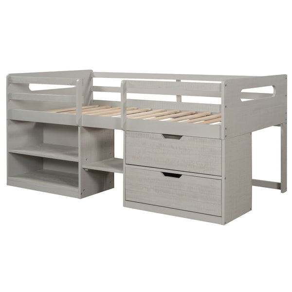 HomeRoots Gray Twin Loft Bed with Desk & Storage Drawers - Stylish Space-Saving Solution for Kids' Rooms 590544