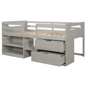 HomeRoots Gray Twin Loft Bed with Desk & Storage Drawers - Stylish Space-Saving Solution for Kids' Rooms 590544
