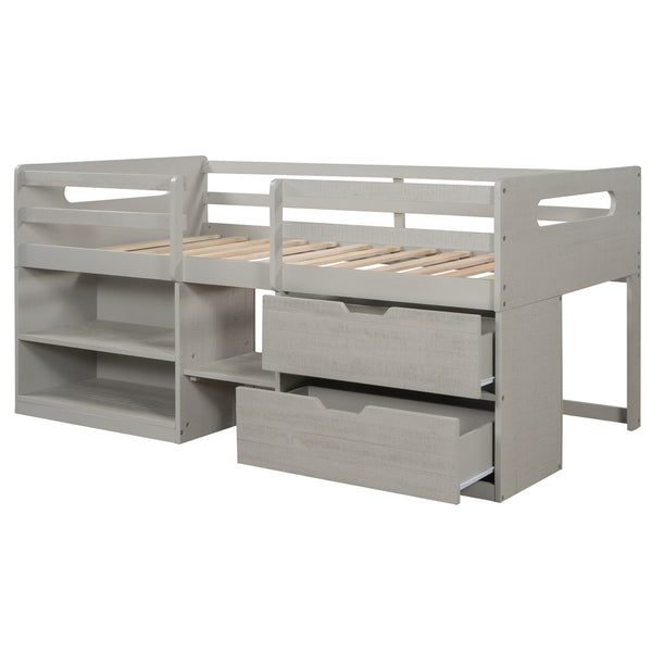 HomeRoots Gray Twin Loft Bed with Desk & Storage Drawers - Stylish Space-Saving Solution for Kids' Rooms 590544