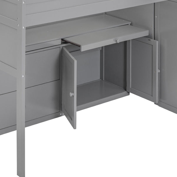 HomeRoots Gray Loft Bed with Integrated Desk & Storage Shelves - Space-Saving Design for Kids & Guests 590545