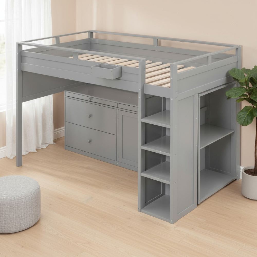 HomeRoots Gray Loft Bed with Integrated Desk & Storage Shelves - Space-Saving Design for Kids & Guests 590545