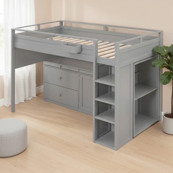 HomeRoots Gray Loft Bed with Integrated Desk & Storage Shelves - Space-Saving Design for Kids & Guests 590545