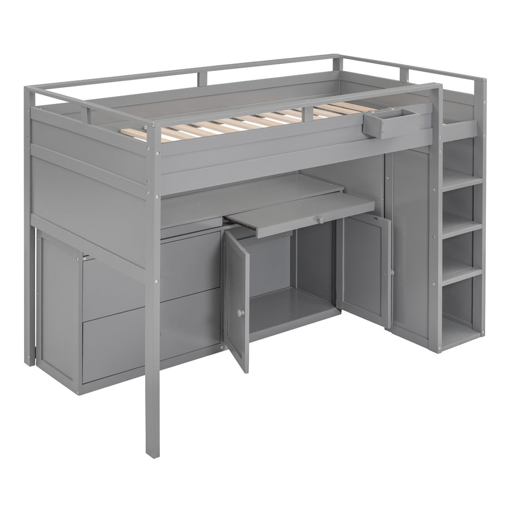 HomeRoots Gray Loft Bed with Integrated Desk & Storage Shelves - Space-Saving Design for Kids & Guests 590545