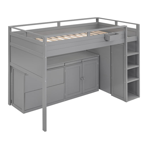 HomeRoots Gray Loft Bed with Integrated Desk & Storage Shelves - Space-Saving Design for Kids & Guests 590545