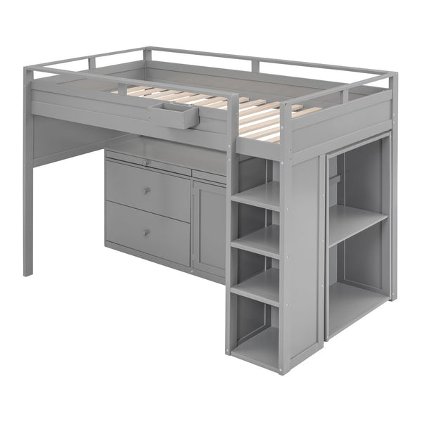 HomeRoots Gray Loft Bed with Integrated Desk & Storage Shelves - Space-Saving Design for Kids & Guests 590545