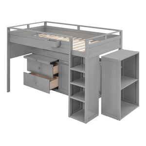 HomeRoots Gray Loft Bed with Integrated Desk & Storage Shelves - Space-Saving Design for Kids & Guests 590545