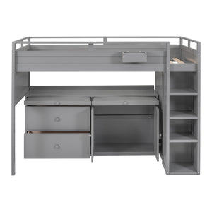 HomeRoots Gray Loft Bed with Integrated Desk & Storage Shelves - Space-Saving Design for Kids & Guests 590545