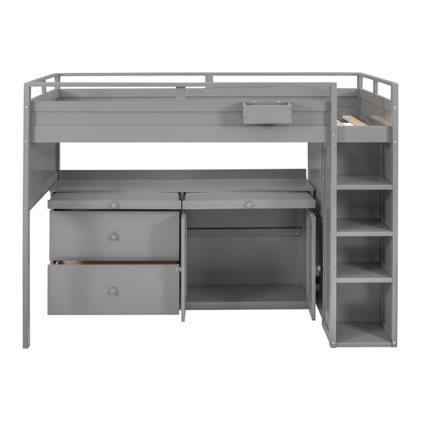 HomeRoots Gray Loft Bed with Integrated Desk & Storage Shelves - Space-Saving Design for Kids & Guests 590545
