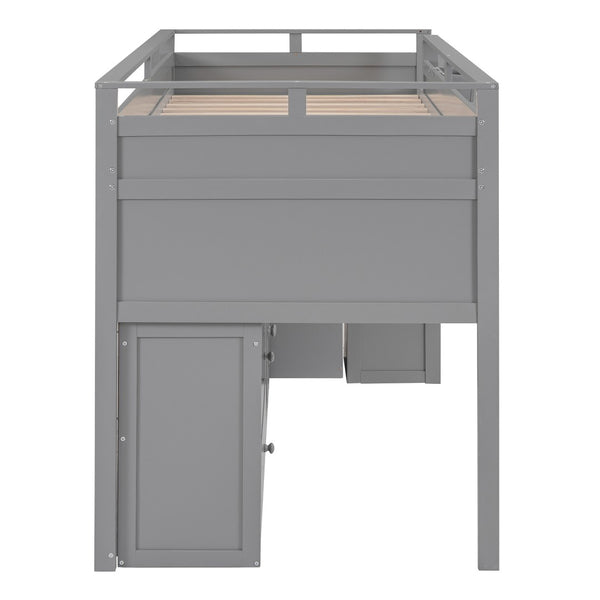 HomeRoots Gray Loft Bed with Integrated Desk & Storage Shelves - Space-Saving Design for Kids & Guests 590545