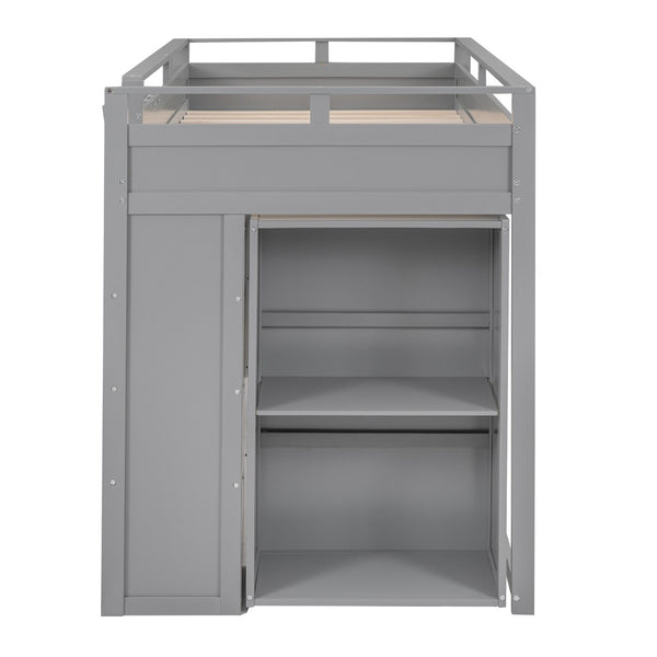 HomeRoots Gray Loft Bed with Integrated Desk & Storage Shelves - Space-Saving Design for Kids & Guests 590545
