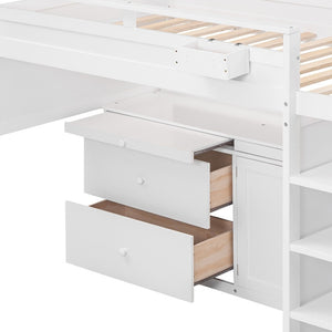 HomeRoots White Loft Bed with Integrated Desk & Storage - Space-Saving Full Double Platform for Modern Rooms 590546