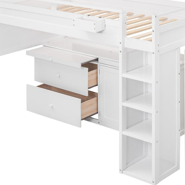 HomeRoots White Loft Bed with Integrated Desk & Storage - Space-Saving Full Double Platform for Modern Rooms 590546
