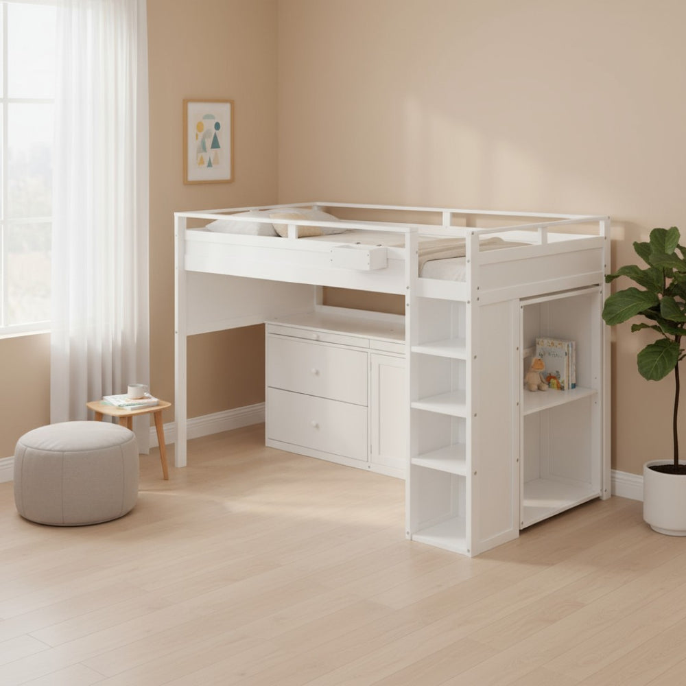 HomeRoots White Loft Bed with Integrated Desk & Storage - Space-Saving Full Double Platform for Modern Rooms 590546