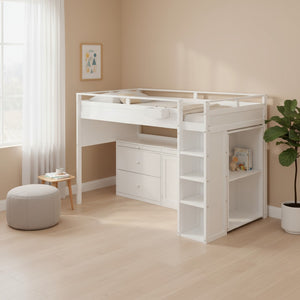 HomeRoots White Loft Bed with Integrated Desk & Storage - Space-Saving Full Double Platform for Modern Rooms 590546