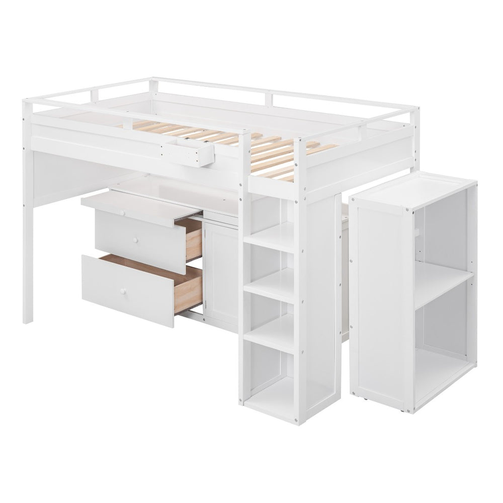 HomeRoots White Loft Bed with Integrated Desk & Storage - Space-Saving Full Double Platform for Modern Rooms 590546