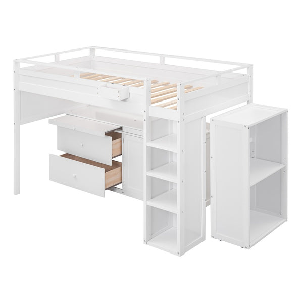 HomeRoots White Loft Bed with Integrated Desk & Storage - Space-Saving Full Double Platform for Modern Rooms 590546