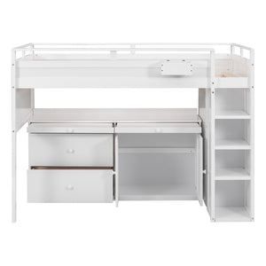HomeRoots White Loft Bed with Integrated Desk & Storage - Space-Saving Full Double Platform for Modern Rooms 590546