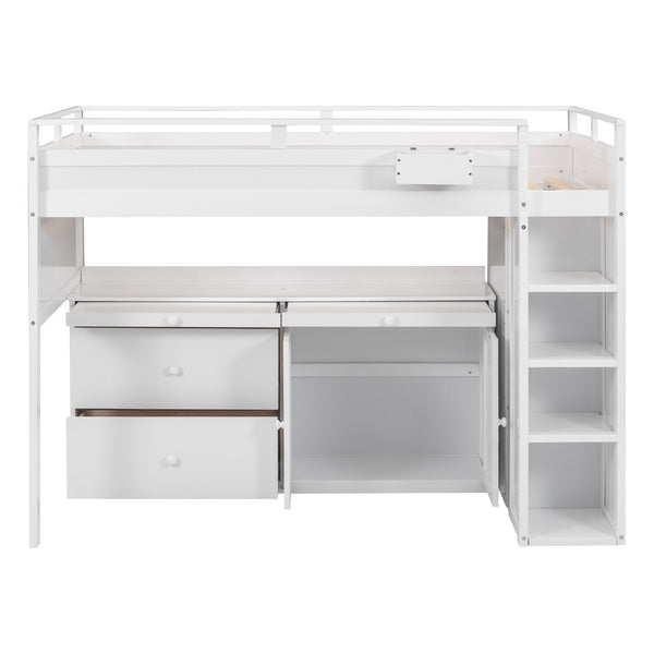 HomeRoots White Loft Bed with Integrated Desk & Storage - Space-Saving Full Double Platform for Modern Rooms 590546