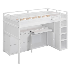 HomeRoots White Loft Bed with Integrated Desk & Storage - Space-Saving Full Double Platform for Modern Rooms 590546