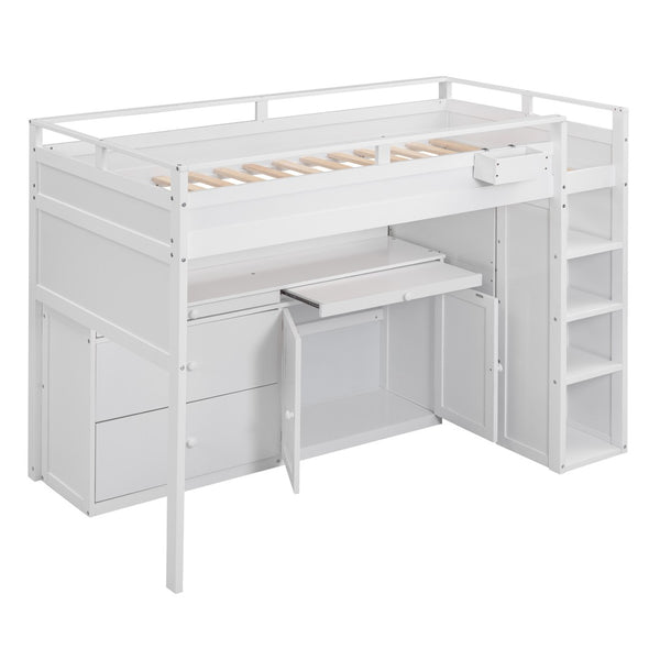 HomeRoots White Loft Bed with Integrated Desk & Storage - Space-Saving Full Double Platform for Modern Rooms 590546